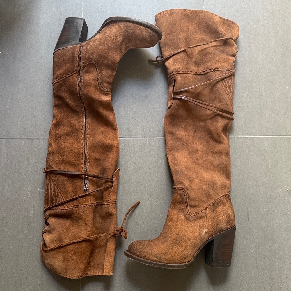 Freebird Brown Suede Knee-High Genuine Leather Boots